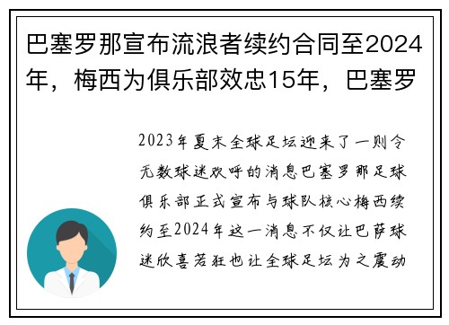 巴塞罗那宣布流浪者续约合同至2024年，梅西为俱乐部效忠15年，巴塞罗那球员梅西