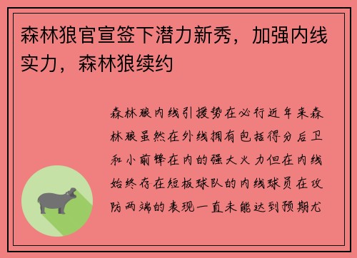 森林狼官宣签下潜力新秀，加强内线实力，森林狼续约