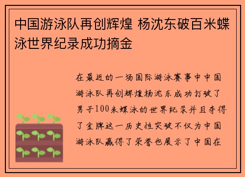 中国游泳队再创辉煌 杨沈东破百米蝶泳世界纪录成功摘金